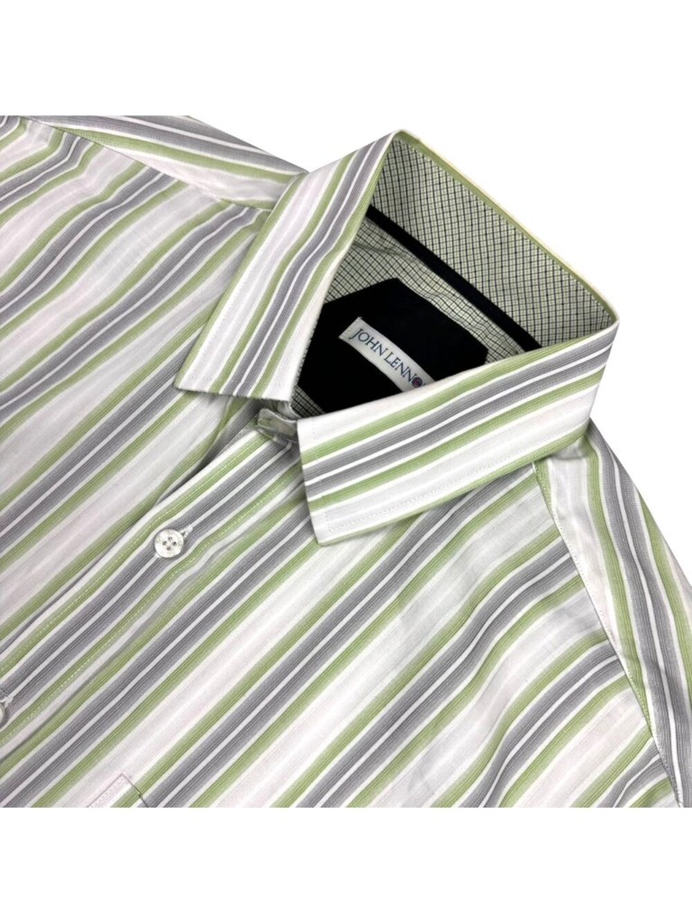 John Lennon Men's Button Front Dress Shirt White w Geen/Purple Stripe • Medium